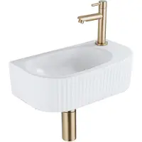 Qeramiq Fuente Fonteinset - 40x21.5x12cm - rechts - geribbeld - halfrond - 1 kraangat - keramiek - fonteinkraan geborsteld messing - afvoerplug - verlaagd sifon - wit mat