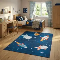 Tapiso Snooki Vloerkleed voor Kinderkamer Ruimtevaart Speelkleed met Raketten & Planeten Jongens Blauw Kindertapijt Antislip Zacht Kortpolig OEKO-TEX 180x250
