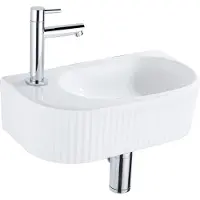 Qeramiq Fuente Fonteinset - 40x21.5x12cm - links - geribbeld - halfrond - 1 kraangat - keramiek - fonteinkraan chroom - afvoerplug - verlaagd sifon - wit glans SW1522206/SW696209/SW696219/SW696234