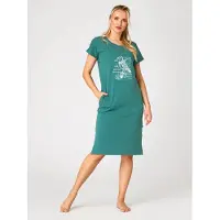 Key Katoenen Dames Nachthemd Lang Korte Mouw Zomer Print Petrol LHD 740 38 / M