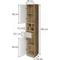 Vicco hoge kast Beatrice, Kasjmier/Artisanaal eiken, 38 x 190 cm