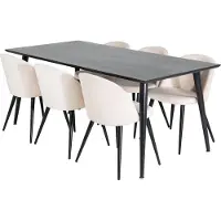 Ebuy24 Dipp180x90BLBL eethoek eetkamertafel zwart en 6 Velvet eetkamerstal velours beige, zwart.