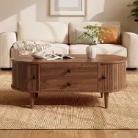 STILVORA Salontafel - Ovale Tafel Met Schuifdeuren En 2 Laden - Voor Woonkamer En Kleine Ruimtes - MDF - 100x50x40 Cm - Walnoot