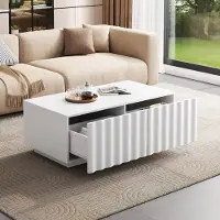 OKWISH Salontafel – Golffront Met 2 Laden – Woonkamer Met Opbergruimte – MDF En Spaanplaat Wit – 100 x 50 x 40 cm