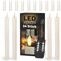 Novaliv LED-kaarsen 24 stuks ECHTE WAS geribbeld WIT - met timerfunctie 6 uur - 23 cm hoogte voor kaarsen 2,2 cm diameter 2 AAA-batterijen vereist LED-kaarsen set van 2 6x WITTE bewegende vlam