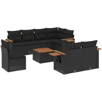 vidaXL 9-delige tuinmeubelset met kussens, zwart, polyrotan