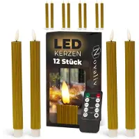 Novaliv LED-kaarsen met timer GOUD 12 stuks binnen 6 uur ECHTE WAS geribbeld 23 cm hoogte voor kaarsen 2,2 cm diameter 2 AAA-batterijen vereist LED-kaarsen set van 2 GOUD (drie keer) bewegende vlam