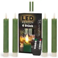 Novaliv LED-kaarsen met timer groen, 6 stuks voor binnen - 6 uur - ECHTE WAS Hoogte 18 cm voor kaarsen, diameter 2,2 cm. 2 AAA-batterijen vereist. LED-kaarsen, set van 2, groen (twee keer) bewegende vlam.