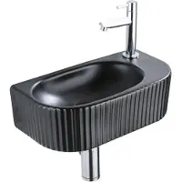Qeramiq Fuente Fonteinset - 40x21.5x12cm - rechts - geribbeld - halfrond - 1 kraangat - keramiek - fonteinkraan chroom - afvoerplug - verlaagd sifon - zwart mat SW1522214/SW696209/SW696219/SW696234