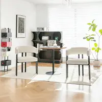 MODFU - Eetkamerstoel - Met Armleuningen En Gebogen Rugleuning - Modern - Voor Eetkamer Of Keuken - Imitatieleer - Beige