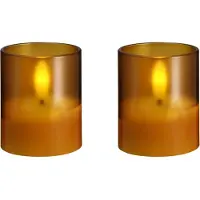 Moods & More Led Kaars - LED glass candle - Hurricane - Honey Mustard - 47x57 mm - 2 pcs