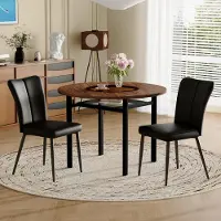 MODFU - Eettafelset - Rond - Minimalistisch - Voor Eetkamer Of Keuken - MDF, Glas, Metaal En PU - Bruin En Zwart - 100 Cm