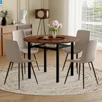STILVORA Eettafelset 100 cm - Ronde Tafel Met Opbergplank En 4 Stoelen - Voor Eetkamer En Keuken - Metaal Glas PU - Bruin