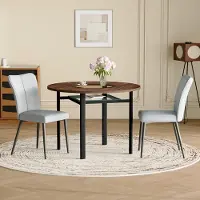 MODFU - Eettafelset Met 2 Stoelen - Rond - Minimalistisch - Voor Eetkamer Of Keuken - Glas, Metaal En Kunstleer - Bruin, Zwart En Lichtgrijs