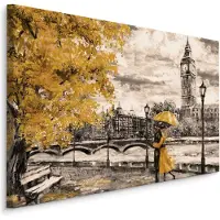 Karo-art Schilderij - Geliefden in Londen (print op canvas), zwart-wit/geel, 4 maten, wanddecoratie