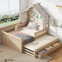 STILVORA Huisbed 140x200 cm – Kinderbed Met Uitschuifbed – 3 Opberglades En Veiligheidshek – Zonder Matras – Houtlook – Crème