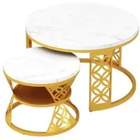 OKWISH Salontafel 2-Delig Set - Rond Hoogglans Marmerlook Tafelblad - Goud Metaal Frame - Modern Stapelbaar - 70×70×45 & 45×45×37 Cm - Wit En Goud