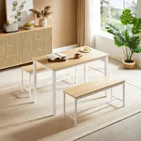 MODFU - Eettafelset - Ruimtebesparend Met 2 Banken - Industrieel - Voor Keuken - Spaanplaat En Staal - Naturel En Wit - 110 X 60 Cm