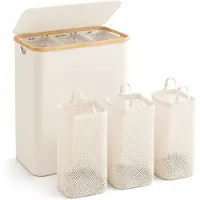 BOTC Wasmand 3 Vakken - Wassorteerder - 160L Capaciteit - Met 3 blanco etiketten - Bamboe Wasmand met Deksel - 75*57*37cm - Crème wit