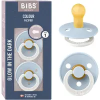 BIBS Colour Glow Speen verpakking van 2 stuks. BPA-vrij, Ronde speen. Natuurlijk rubberlatex, Gemaakt in Denemarken, Maat 1 (0-6 maanden), Baby Blue Glow