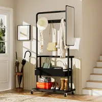 STILVORA Kledingrek Multifunctioneel – 70 x 40 x 170 cm – Staal En Spaanplaat – Zwart – Met Spiegel, Opbergvak En Wielen Voor Hal Of Slaapkamer
