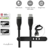 Nedis USB-Kabel | USB 2.0 | USB-C Male | USB-C Male | 60 W | 480 Mbps | Vernikkeld | 1.50 m | Rond | Silicone | Zwart | Doos - CCGB60820BK15