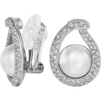 Traveller Clip Oorbellen - Oorclips Dames - Zilverkleurig - Parels - Wit - 10mm - Kristallen - Druppel - Geplatineerd - 20x15mm - 114368