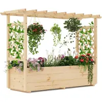 Costway Verhoogd tuinbed met klimrek en hangend dak, plantenbak met klimhulp en drainagegaten, bloembak voor klimplanten, voor tuin, terras, houten plantenbak, naturel, 148 x 50 x 103 cm