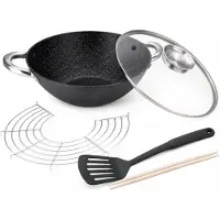 Ceruzo Wok Gietijzer 28 cm – PFAS Vrij – Aromaknop - Deksel - Inductie - Wasabi Wok