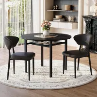 STILVORA Eettafelset, rond, met 2 stoelen van Polyurethanmateriaal en comfortabele rugleuning. Ronde tafel, diameter 100 cm, met een zwarte houtlook. Eetset voor de woonkamer, zwart