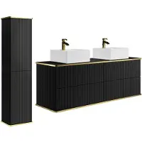 Vente-unique Gestreept zwevend badkamermeubel met dubbele vierkante opzetwastafel en kolomkast - Zwart - 120 cm - KELIZA