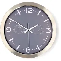 Nedis Wandklok | Diameter: 300 mm | Roestvrij Staal | Stille beweging | Thermometer (temperatuur) | Hygrometer | Grijs / Metaal