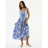 Busem Bloemen Midi-jurk met Vierkante Kraag
