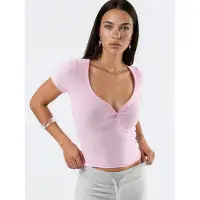 Busem V-hals Korte Mouwen Gebreide Blouse met Knoopsluiting