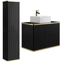Vente-unique Gestreept zwevend badkamermeubel met vierkante opzetwastafel en kolomkast - Zwart - 80 cm - KELIZA