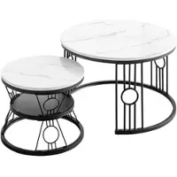 OKWISH Salontafel 2-Delig Set - Stapelbaar Rond Met MDF Blad - Metaal Frame - Nest-Design - 70×70×45 & 45×45×37 Cm - Zwart