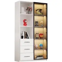 OKWISH Vitrinekast Met Ledverlichting - 3 Laden En 8 Vakken - Voor Woonkamer Of Keuken - Wit Spaanplaat - 80x40x160 Cm