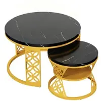 OKWISH Salontafel 2-Delig Set - Rond Hoogglans Marmerlook Tafelblad - Goud Metaal Frame - Modern Stapelbaar - 70×70×45 & 45×45×37 Cm - Goud En Zwart