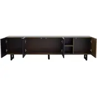 OKWISH Tv-meubel – 4 Deuren – Greeploos Ontwerp – Hoogglans Zwart Met Warme Houtnerf – Veel Opbergruimte – MDF Zwart+Bruin – 180x38x50 cm