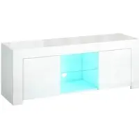 OKWISH TV-Meubel - Met Afneembare RGB Ledverlichting - 2 Deuren En Glazen Plank - Kabeldoorvoer Voor Woonkamer - Wit - 120x34x45 cm