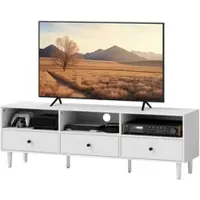 OKWISH TV meubel – 3 open vakken en 3 lades – Met kabelmanagement – Voor tv's tot 75 inch – Wit – 140 x 34 x 45 cm