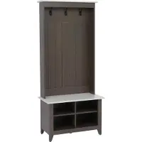 MCW Garderobekast -P28, staande garderobekast met schoenenrek en zitbank, 3 haken, 4 opbergvakken, melamine, 170 x 76 x 39 cm ~ walnootlook, beige