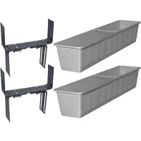 Geli Set van 4 kunststof plantenbakken grijs rechthoekig 80 cm met 8 verstelbare balkon/muurbeugels