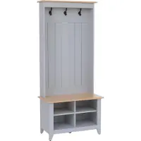MCW Garderobekast -P28, staande garderobekast met schoenenrek en zitbank, 3 haken, 4 opbergvakken, melamine, 170 x 76 x 39 cm ~ lichtgrijs, naturel