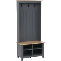 MCW Garderobekast -P28, staande garderobekast met schoenenrek en zitbank, 3 haken, 4 opbergvakken, melamine, 170 x 76 x 39 cm ~ donkergrijs, naturel