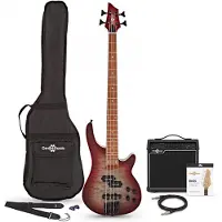 Gear4Music Chicago Select Bass Guitar + Amp Pack Reverse Red Burst