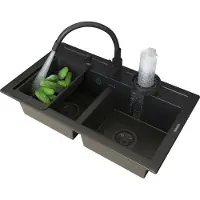 Granitan Spoelbak Keuken Granieten Duet - met Kraan en Sifon - Spoelbak Dubbele - 75x44x18cm - Zwart