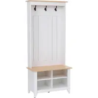 MCW Garderobekast -P28, staande garderobekast met schoenenrek en zitbank, 3 haken, 4 opbergvakken, melamine, 170 x 76 x 39 cm ~ wit, naturel