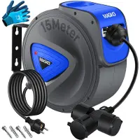 MASKO Kabelhaspel 15 meter automatisch voor buiten met 3 stopcontacten Wandmontage 1,5m Aansluitkabel Inclusief Handschoenen - Blauw