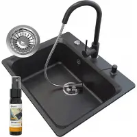 Granitan Spoelbakken Granieten Zante - Spoelbak met Sifon Kraan en Douchekop - Zwart - 619x522mm